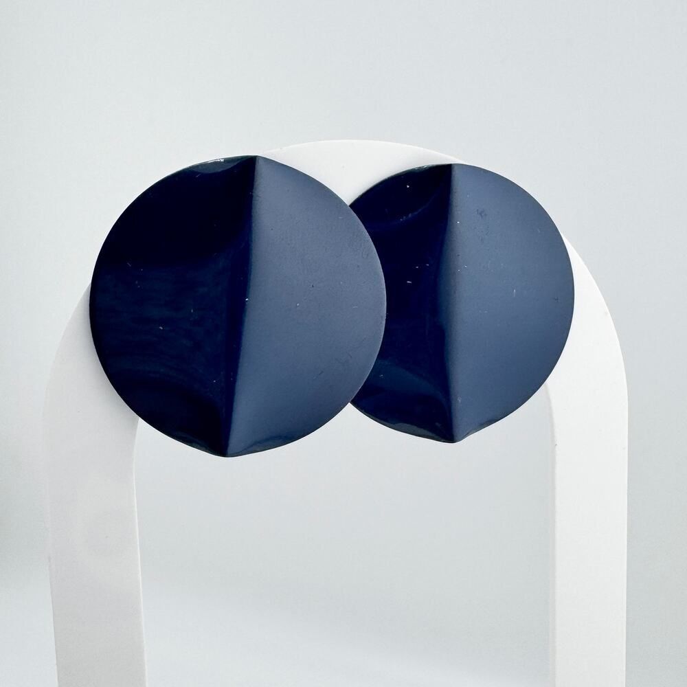 Vintage Navy Blue Bent Fold Circle 80s Earrings Retro Glamour Timeless Style